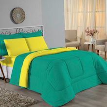 Kit Edredom Dupla Face + Jogo De Lençol Casal Viúva Nobre 6 Peças Malha 100% Algodão - Jade / Amarelo