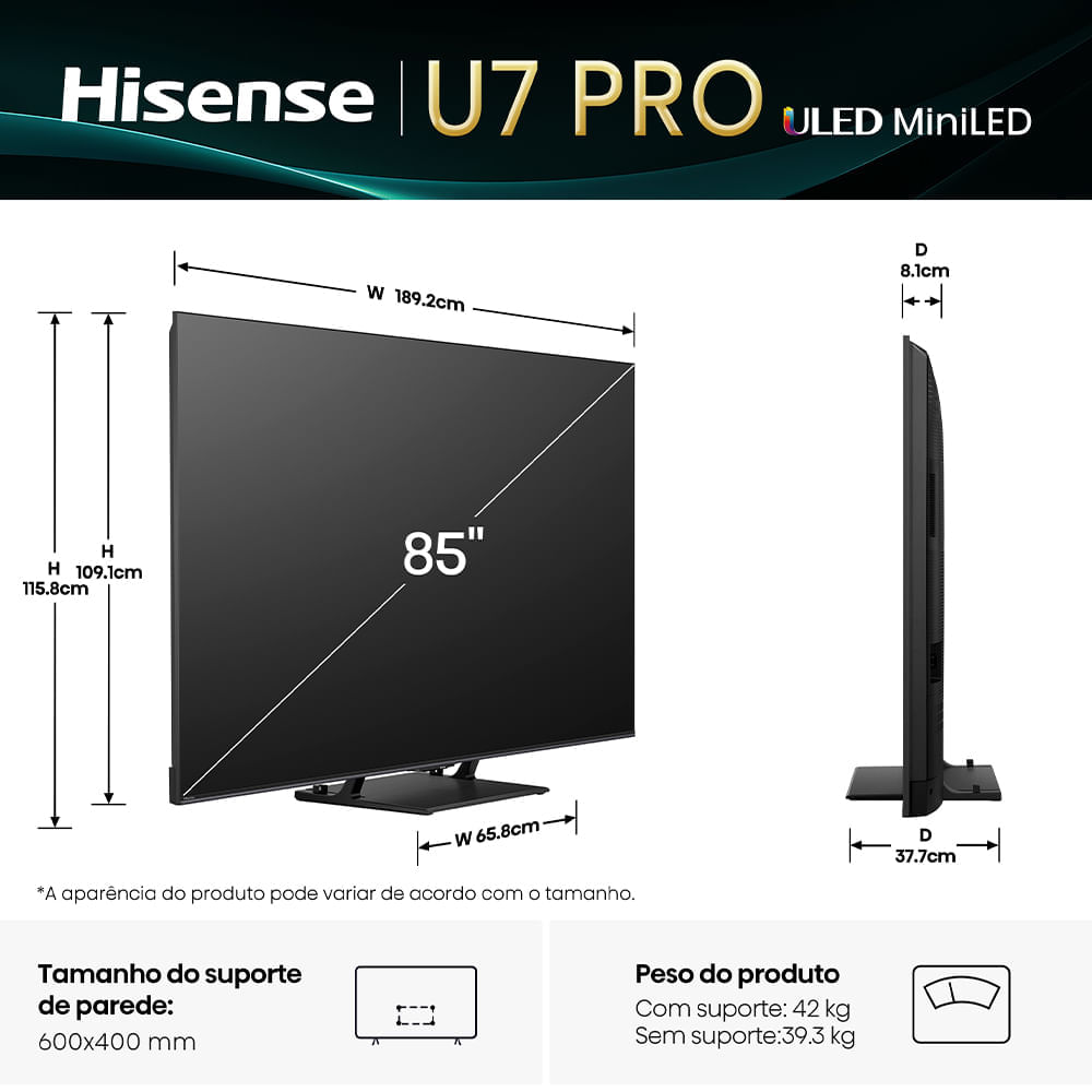 Encontraproduto.com.br - Smart TV Hisense MiniLED 4K 85 Polegadas com Dolby Vision, HDR+ Gaming, Alexa e Wi-Fi - 85U7QG PRO