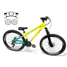 Bicicleta Aro 26 Vikingx Tuff X44 Freio Hidráulico 21v Freeride Rodas Vmaxx Garfo Suspensão Pneu Flame Cor Amarelo-Verde