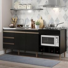 Kit Armário De Cozinha Para Pia 120cm E Balcão Para Cooktop 4 Bocas Menu Móveis Preto