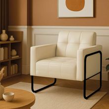 Poltrona Sala Decorativa Elisa Base Tubular Alta Preta Sintético PU Bege D03 - D'Rossi