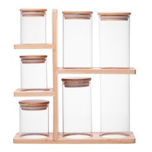 6 Porta Mantimentos Wolff com Tampa e Suporte de Bambu Vidro