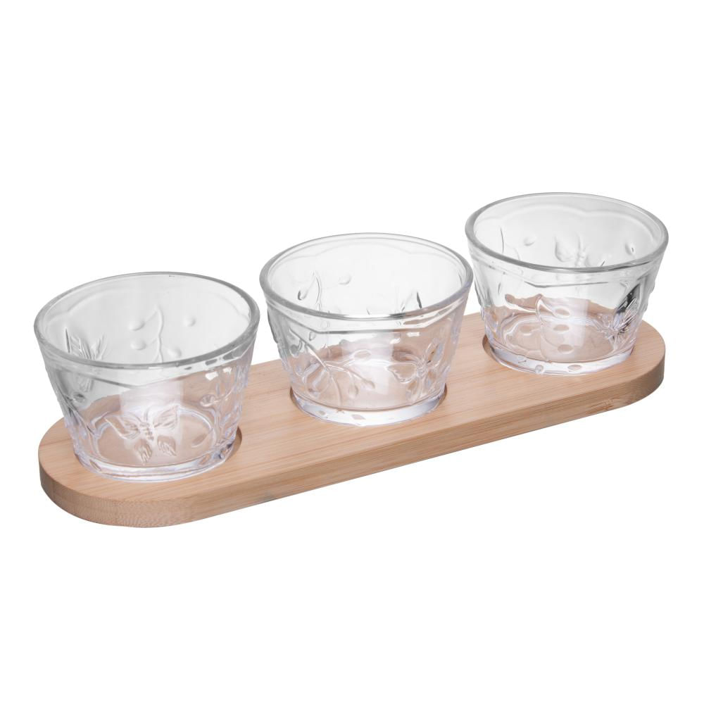 3 Bowls com Suporte de Bambu Lyor New Butterfly Cristal