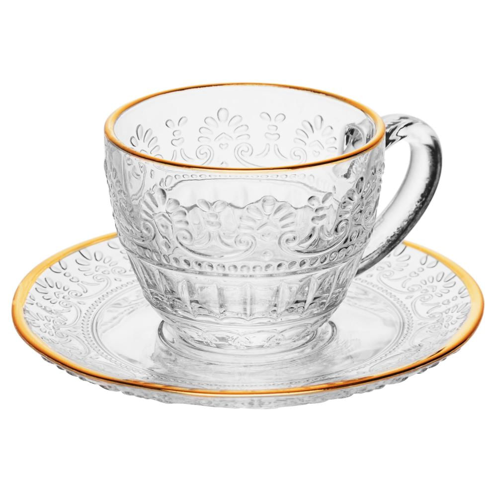 Encontraproduto.com.br - 4 Xícaras Café com Pires Wolff Mauve Fio Ouro 90ml Cristal