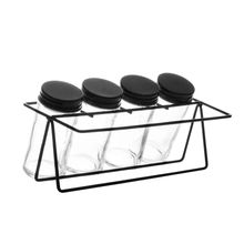 4 Potes Lyor para Temperos de Vidro e Suporte de Metal Preto