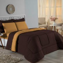 Kit Edredom Dupla Face + Jogo De Lençol Solteiro Nobre 5 Peças Malha 100% Algodão - Marrom / Cobre