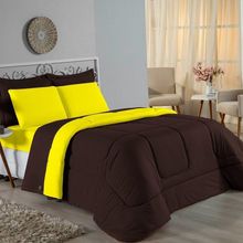 Kit Edredom Dupla Face + Jogo De Lençol Solteiro Nobre 5 Peças Malha 100% Algodão - Marrom / Amarelo