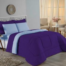 Kit Edredom Dupla Face + Jogo De Lençol Solteiro Nobre 5 Peças Malha 100% Algodão - Roxo / Azul-bebê