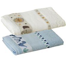 Kit ( 2 ) Toalha de Banho KazzaVip Infantil 100% Algodão Jacquard Barra para Bordar Funny Azul e Branco