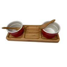 Petisqueira de bambu 25 cm 3 espaços  2 Ramequins e espatula