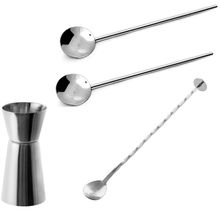 Dosador duplo, colher bailarina e 2 colheres para drinks