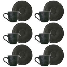 Conjunto com 6 Xícaras e Pires para Café Porto Brasil Carbon em Stoneware Preto - 120 ml