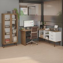 Kit 2 Peças Com Escrivaninha Em L 3 Gavetas E Armário Multiuso Com Vidro Rustic Branco Madesa