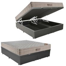 Cama Box Baú Queen Sintético Bipartido + Colchão Airtech Molas Ensacadas 65x158x198 Cor:cinza