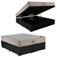 Cama Box Baú Queen Sintético Bipartido + Colchão Airtech Molas Ensacadas 65x158x198 Cor:preto
