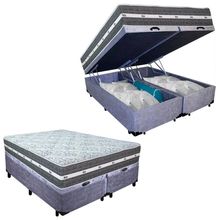 Cama Box Baú Casal Bipartido Suede + Colchão Black Graphite Molas Ensacadas 138x188x64cm cinza