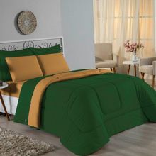 Kit Edredom Dupla Face + Jogo De Lençol Casal Nobre 7 Peças Malha 100% Algodão - Verde-bandeira / Cobre