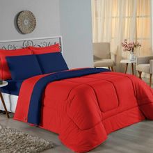 Kit Edredom Dupla Face + Jogo De Lençol Solteiro Nobre 4 Peças Malha 100% Algodão - Vermelho / Azul-marinho