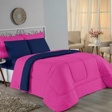 Kit Edredom Dupla Face + Jogo De Lençol Solteiro Nobre 4 Peças Malha 100% Algodão - Pink / Azul-marinho