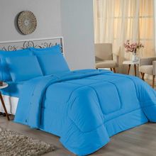 Kit Edredom Dupla Face + Jogo De Lençol Casal Nobre 7 Peças Malha 100% Algodão - Turquesa