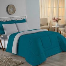 Kit Edredom Dupla Face + Jogo De Lençol Casal Viúva Nobre 6 Peças Malha 100% Algodão - Petróleo / Cinza