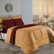Kit Edredom Dupla Face + Jogo De Lençol Casal Viúva Nobre 6 Peças Malha 100% Algodão - Cobre / Vinho