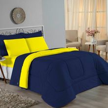 Kit Edredom Dupla Face + Jogo De Lençol Casal Viúva Nobre 7 Peças Malha 100% Algodão - Azul-marinho / Amarelo