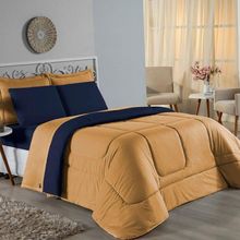 Kit Edredom Dupla Face + Jogo De Lençol Casal Viúva Nobre 6 Peças Malha 100% Algodão - Cobre / Azul-marinho