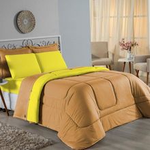 Kit Edredom Dupla Face + Jogo De Lençol Casal Viúva Nobre 6 Peças Malha 100% Algodão - Cobre / Amarelo