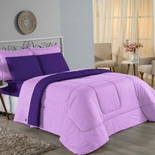Kit Edredom Dupla Face + Jogo De Lençol Casal Viúva Nobre 6 Peças Malha 100% Algodão - Lilás / Roxo