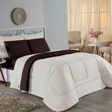 Kit Edredom Dupla Face + Jogo De Lençol Casal Viúva Nobre 6 Peças Malha 100% Algodão - Palha / Marrom