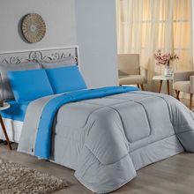Kit Edredom Dupla Face + Jogo De Lençol Casal Viúva Nobre 7 Peças Malha 100% Algodão - Cinza / Turquesa