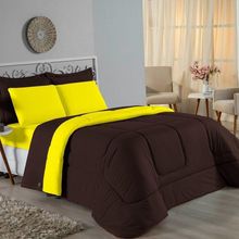 Kit Edredom Dupla Face + Jogo De Lençol Casal Viúva Nobre 6 Peças Malha 100% Algodão - Marrom / Amarelo