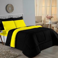 Kit Edredom Dupla Face + Jogo De Lençol Casal Viúva Nobre 7 Peças Malha 100% Algodão - Preto / Amarelo