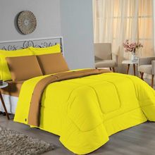 Kit Edredom Dupla Face + Jogo De Lençol King Nobre 6 Peças Malha 100% Algodão - Amarelo / Cobre