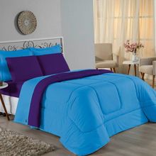 Kit Edredom Dupla Face + Jogo De Lençol King Nobre 6 Peças Malha 100% Algodão - Turquesa / Roxo