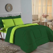 Kit Edredom Dupla Face + Jogo De Lençol King Nobre 6 Peças Malha 100% Algodão - Verde-bandeira / Pistache