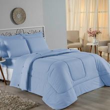 Kit Edredom Dupla Face + Jogo De Lençol Queen Nobre 7 Peças Malha 100% Algodão - Azul-bebê