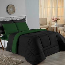 Kit Edredom Dupla Face + Jogo De Lençol Queen Nobre 6 Peças Malha 100% Algodão - Preto / Verde-bandeira