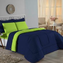 Kit Edredom Dupla Face + Jogo De Lençol Queen Nobre 7 Peças Malha 100% Algodão - Azul-marinho / Pistache