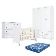 Quarto De Bebê Americano 4 Portas Com Berço Americano Evolution 4 Em 1 Branco Acetinado Reller E Colchão Ortobom - Henn
