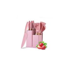 Kit Completo De Utensílios De Cozinha Luxuosos 19 Peças Com Tablet Espátula De Silicone Faca Tesoura - rosa
