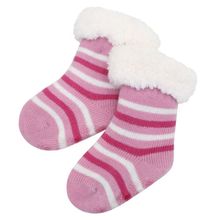 Meia Rosa Listrada Peluciada Infantil Antiderrapante 6 a 12 Meses