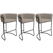 Kit 03 Banquetas Alta Com Encosto Betina Base Preto Poliéster Bege Escuro - Nexta Casa