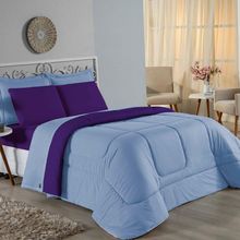 Kit Edredom Dupla Face + Jogo De Lençol Casal Viúva Nobre 7 Peças Malha 100% Algodão - Azul-bebê / Roxo
