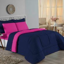 Kit Edredom Dupla Face + Jogo De Lençol Solteiro Nobre 4 Peças Malha 100% Algodão - Azul-marinho / Pink