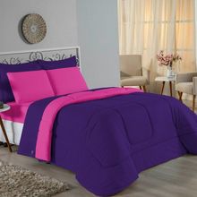 Kit Edredom Dupla Face + Jogo De Lençol Solteiro Nobre 4 Peças Malha 100% Algodão - Roxo / Pink