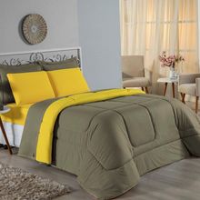 Kit Edredom Dupla Face + Jogo De Lençol Casal Nobre 7 Peças Malha 100% Algodão - Avelã / Amarelo