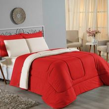 Kit Edredom Dupla Face + Jogo De Lençol Casal Viúva Nobre 7 Peças Malha 100% Algodão - Vermelho / Palha