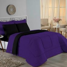 Kit Edredom Dupla Face + Jogo De Lençol Casal Viúva Nobre 7 Peças Malha 100% Algodão - Roxo / Preto
